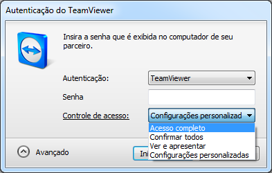 Funções diversas Para conexões de saída, o TeamViewer oferece os seguintes modos de acesso: Acesso completo: Você pode controlar o computador remoto sem uma confirmação de seu parceiro.