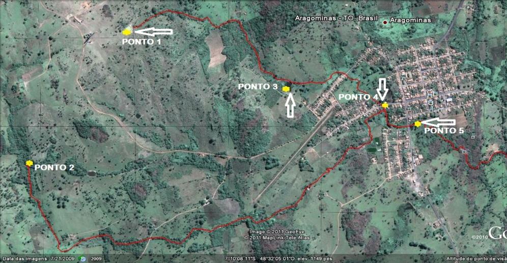 Fig. 02 Pontos determinados para estudo e coletas de dados - google Earth.