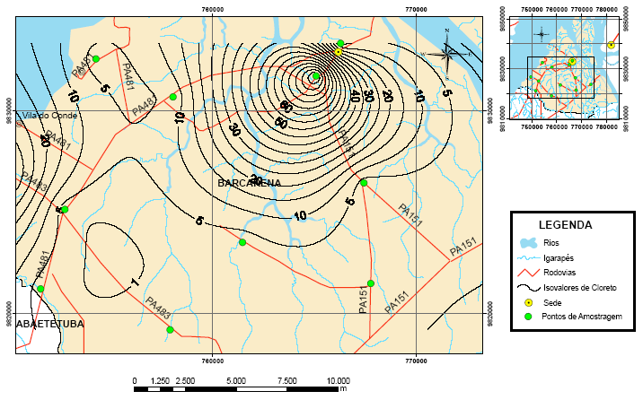 8 Figura 6.13 - Distribuição areal do cloreto em Barcarena/PA Nitrato O nitrato é o poluente que ocorre com mais freqüência nas águas subterrâneas.