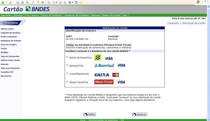 Nesta tela selecione o banco emissor do Cartão BNDES de sua preferência.