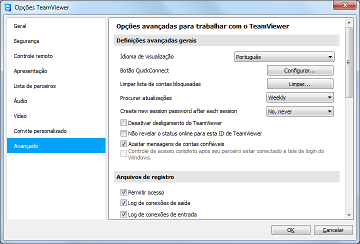 TeamViewer - Opções Em Configurações avançadas. você encontrará todas as opções avançadas. 10.9.