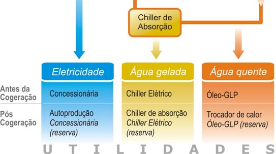 A segunda forma, conceitualmente falando, considerando a produção de frio como uma das utilidades da central de cogeração, ou seja, o sistema de refrigeração por absorção fazendo parte da central de