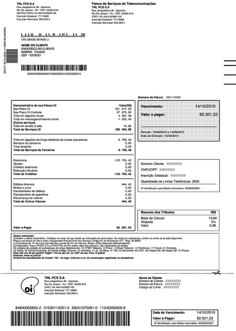 resumo da conta No cabeçalho da conta, você tem informações sobre a Oi, o local de origem da conta e o endereço de entrega da fatura.