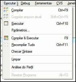 Figura 2.5 O menu Executar possui todas os comandos necessários para compilar e executar os programas que criaremos. Figura 2.6 Localização dos comandos básicos na barra de tarefas.