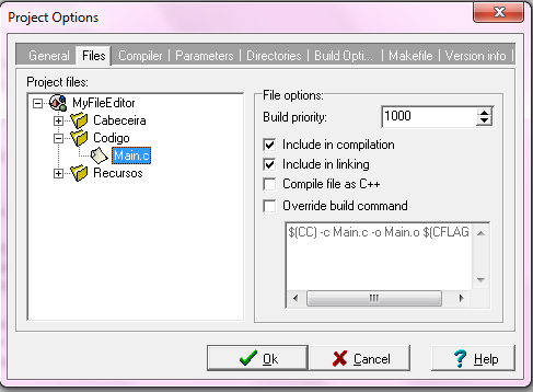 Figura 16 Menu Files Na barra Build se pode especificar a pasta onde será gerado o executável uma vez compilado, enlaçado e gerado, a pasta onde se guarda o código objeto, uma vez compilados os