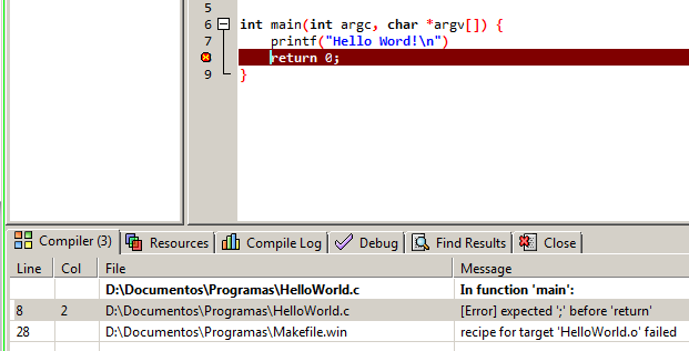 Erros de compilação Apague o ; no final da linha digitada. Click em Compile & Run ou Compile Na parte inferior da tela são exibidos os erros (quando existirem).