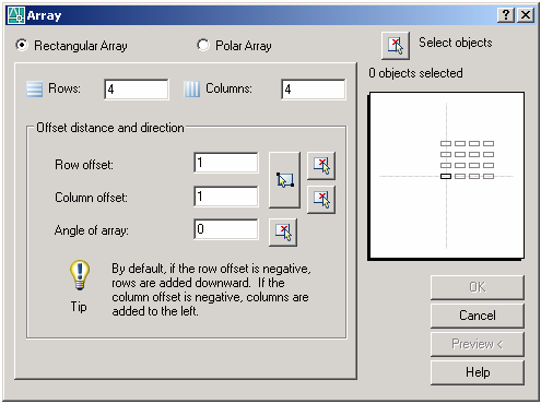 O botão Select Objetcts habilita a tela para seleção das entidades a serem multiplicas. O comando array se subdivide em dois modos, que se caracterizam pelo formato de multiplicação.