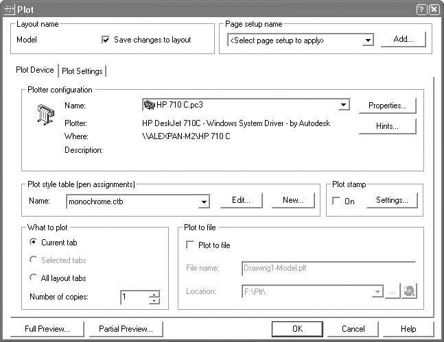 Impressão em Model: selecione File / Plot Na guia Plot Device selecione a impressora disponivel Em Plot style table (pen assignments) selecione a opção monocrome.ctb para impressao em preto.