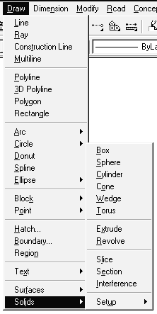 comando Draw / Boundary, clicando dentro de uma área fechada para criar uma polyline e em seguida usar o comando Draw / Extrude para transformá-la em sólido.