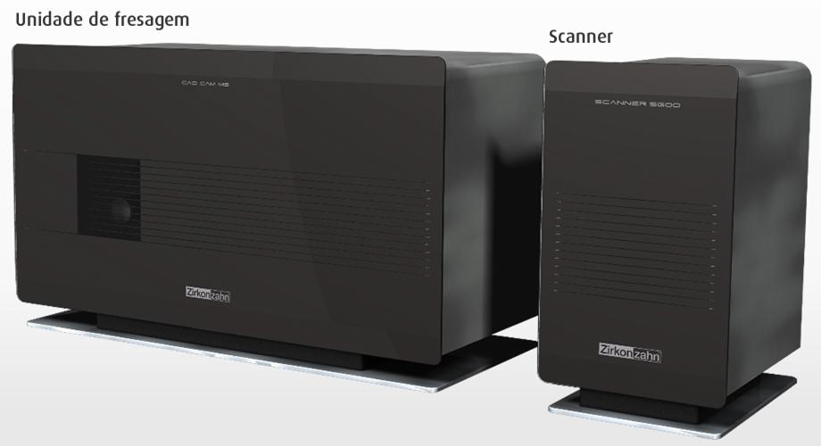 Unidade de fresagem e scanner Fonte: Talmax Distribuidor do Zirkonzahn no Brasil O sistema consiste em uma unidade fresadora chamada Volksfraser que é uma máquina projetada para manufatura de