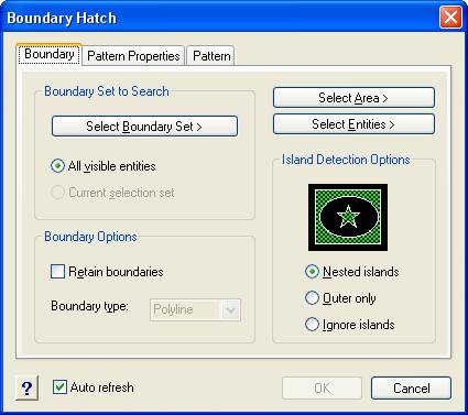 Hatch Faz hachuras. 1. Entre no comando, digitando H ou acionando o ícone. 2. Use a aba PATTERN e clique para selecionar o tipo de hatch. 3.