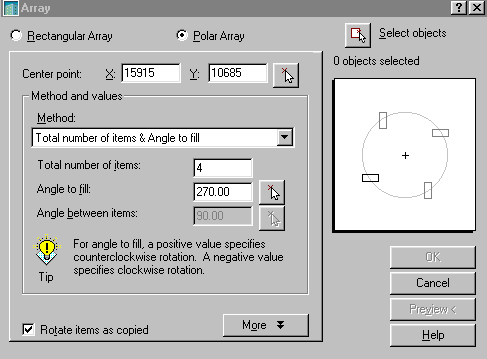 colunas)<enter> Command:Array Select objects: (Selecione objeto) Rectangular ou Polar array (R/P):P Center point of array:p1<enter> (ponto central ) Number of items)<>:7<enter>(número de itens) Angle