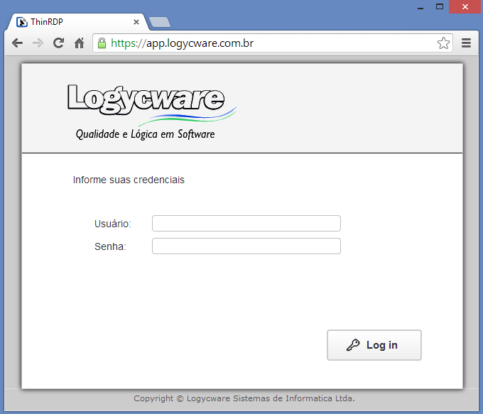 1.1 Após acessado o endereço em questão será acessada a página de Login no Cloud onde deverão ser fornecidas as informações de Usuário e Senha fornecidas pela Logycware.