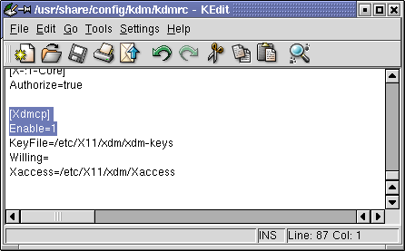 Enable=false Basta alterá-la para: [Xdmcp] Enable=1 Feito isso, reinicie a máquina e os terminais já poderão abrir a tela de login do servidor através do comando "X -query IP_do_servidor", como em "X