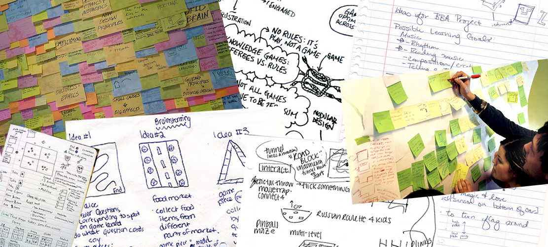 Fig. 2.5: Técnicas de brainstorming, desde anotações em paineis, caderno, post-it, etc.