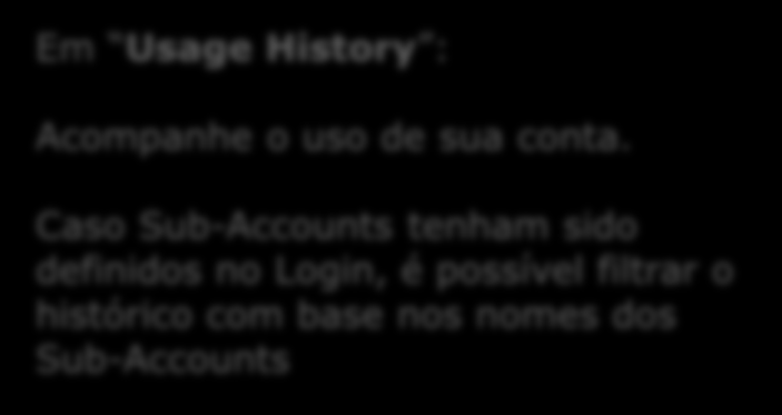 Em Usage History : Acompanhe o uso de sua conta.