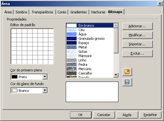 Hachuras Define as cores em estilo hachurado a serem inseridas. Bitmaps Define as cores em estilo de Bitmaps a serem inseridas.