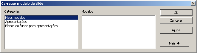 Nesta tela selecione a categoria e o modelo que estiver disponível e clique em OK. O modelo será aplicado à apresentação.