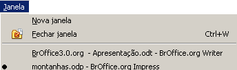 XIII - JANELA Permite a criação de uma nova janela igual a que estiver aberta no momento ou a navegação entre as diversas janelas no BrOffice.org que estiverem abertas no momento.