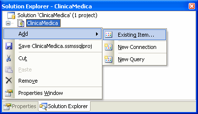 ) Na região Solution Explorer, clique com o botão direito no projeto ClinicaMedica, aponte para Add e clique em Existing Item.