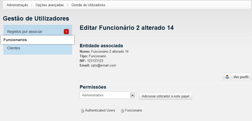 Escolhendo a opção Funcionários ou Clientes no menu lateral (Figura 18) poderá consultar quais os funcionários ou clientes presentes no portal.