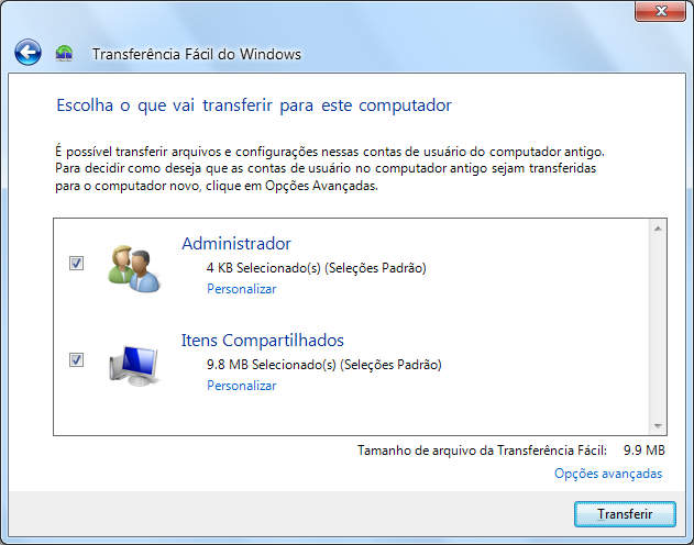 5. Na página Escolha o que vai transferir para este computador, é possível decidir como as contas do usuário do Windows XP são transferidas para o Windows 7.
