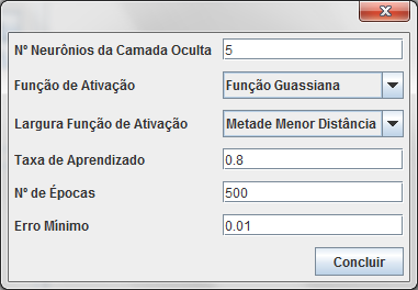 O módulo da Rede RBF implementa muitos parâmetros parecidos com a Rede MLP.