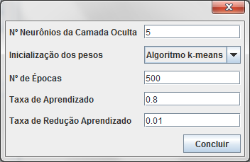 de neurônios da camada oculta. A Figura 4.5 mostra a janela com os itens de configuração da Rede LVQ que o usuário deve que preencher. Figura 4.5: Parâmetros de configuração da Rede LVQ.