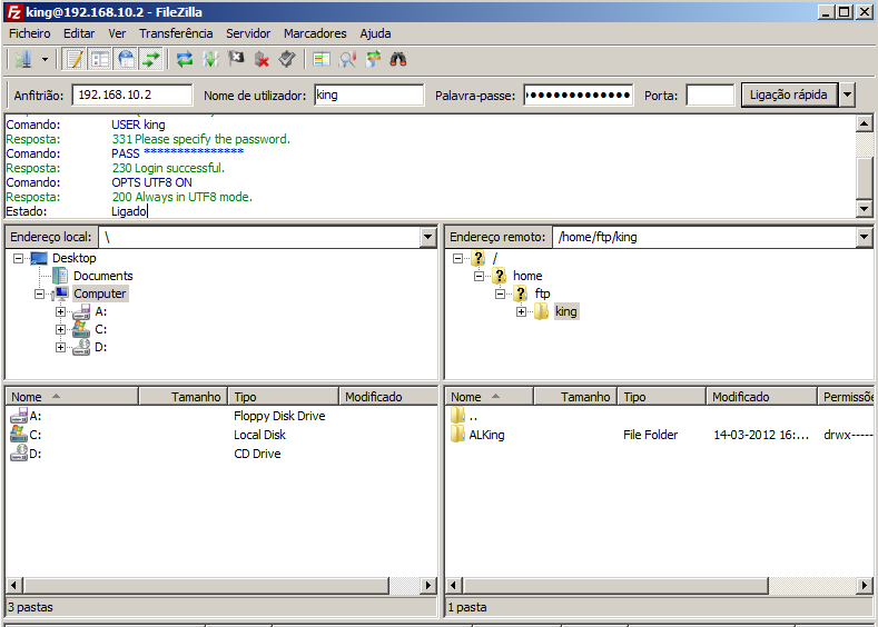 Testes Para testar as configurações instalamos o FileZilla no Windows 2008 Server que é um Cliente de FTP fácil de utilizar.