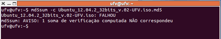 d) Após baixar o arquivo.md5, no mesmo terminal, digite o comando md5sum -c <NOME-DO-ARQUIVO> e pressione a tecla ENTER, como mostrado na Tela 2.