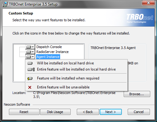Custom: Permite ao usuário escolher instalar Dispatch Console, RadioServer e/ou Agent Remoto.