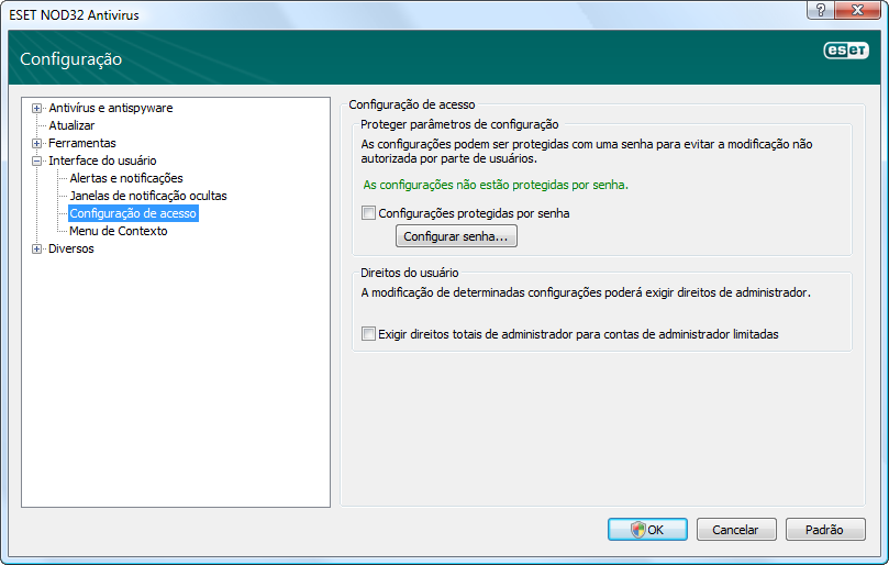 4.5.1 Manutenção de relatórios A configuração dos Relatórios do ESET NOD32 Antivírus pode ser acessada na janela principal do programa. Clique na árvore Configuração > Entrar na configuração avançada.