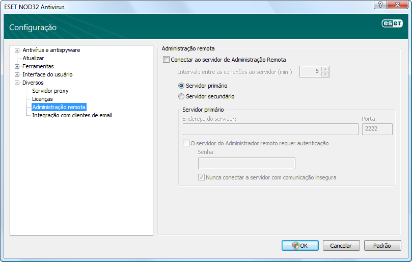 4.7.3 Envio Nesta seção, você pode escolher se os arquivos e informações estatísticas serão enviados usando o Administrador remoto da ESET ou diretamente para a ESET.