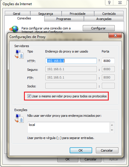 9.2 Navegação Configuração da navegação através do Filtro Web Após a instalação do Winconnection 7, o serviço Filtro Web é adicionado automaticamente na porta 8080 no menu de serviço Servidos de