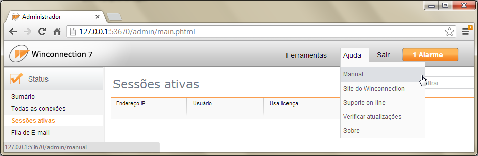 Ajuda: Manual: Abre este manual do programa. Site do Winconnection: Abre o site do Winconnection.