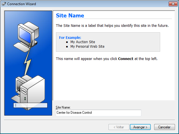 b. Clique em Criar um site... c. No campo Nome do site, digite Centro de controle de doenças e clique em Próximo para continuar.