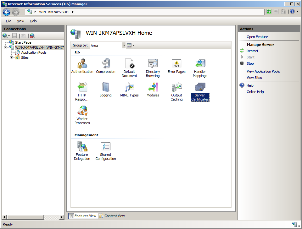 Utilizando IIS 7 Exportando o Certificado Digital de Servidor Web 1. Abra a console do Microsoft IIS.