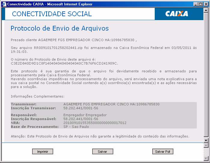 2 PROTOCOLO DE TRANSMISSÃO - Clique no link em azul que será apresentado logo após o envio do arquivo rescisório na página de