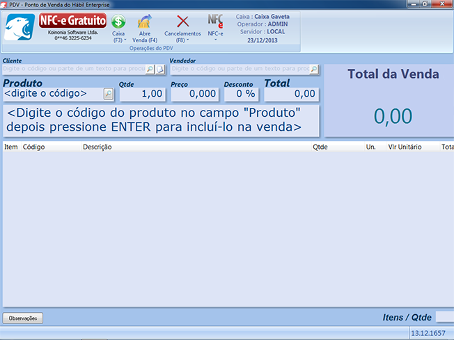 Usando o Hábil Enterprise NFC-e Gratuito 2.2 23 Emissor NFC-e Gratuito Utilize esta tela para fazer as vendas/emissão de NFC-e.