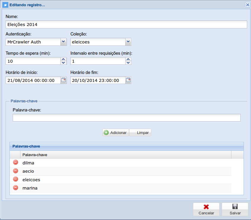 69 6.2.2.2 Interface de configuração do coletor para twitter Para a configuração dos coletores de dados para o Twitter foi desenvolvida a interface exemplificada na imagem 22.