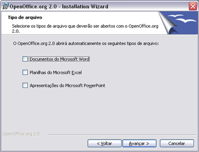 7 ANEXOS Instalação do OpenOffice Base em Ambiente Windows No exemplo excluímos a aplicação de criação de apresentações Impress. Essa selecção faz-se com clique no botão do lado direito.
