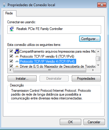 Clicar em Protocolo TCP/IP Versão 4 (TCP/IPv4) e em