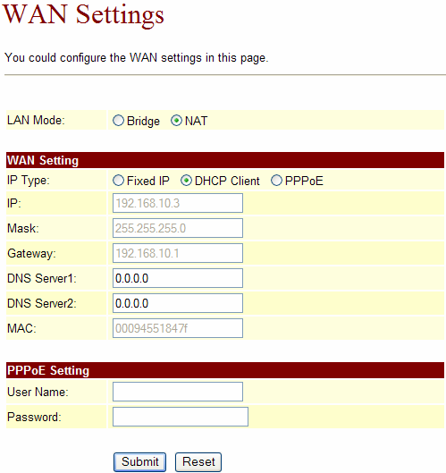 4.5.4 LAN Settings : Nesta página você poderá configurar a porta LAN. 4.5.4.1 O endereço IP padrão da porta LAN é 192.168.123.1, com máscara de rede 255.255.255.0., e servidor DHCP habilitado.