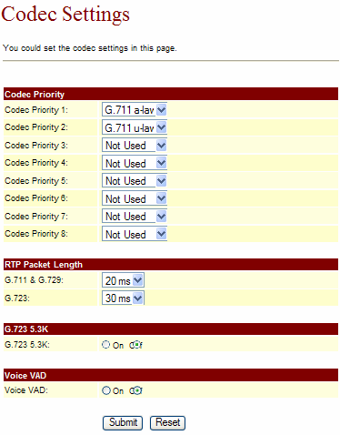 4.6.5 Port Settings : você pode definir a porta SIP e a porta RTP nesta página. Cada provedor de VoIP possui o seu padrão de portas. 4.6.6 Codec Settings : aqui será possíver definir a listade prioridades dos Codecs de voz, tamanho do pacote RTP e função VAD.