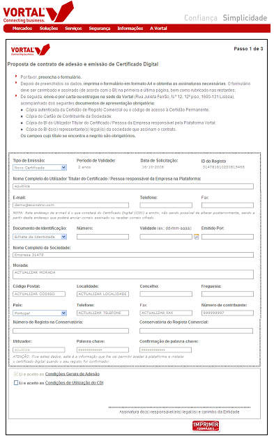 b) Após carregar em solicitar certificado confirme se os dados estão correctos e preencha os campos que se encontram em branco.