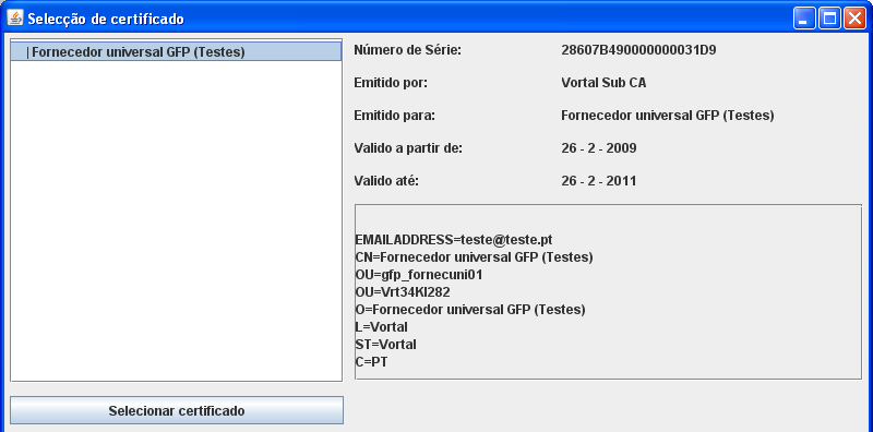 -- Depois irá aparecer a janela abaixo (imagem 58) de escolha de certificado. Do lado direito desta página está visível o detalhe do certificado.