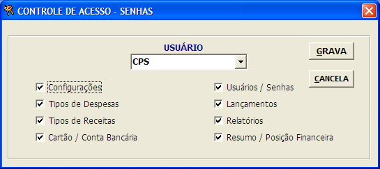 SENHAS - ACESSOS Cada usuário/operador do software tem seus privilégios de acesso definidos nesta tela.