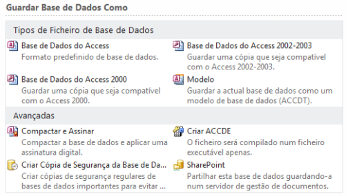 Trabalhar com ficheiros novos e antigos do Access As bases de dados do Access 2010 (e do Access 2007) utilizam um novo formato para guardar ficheiros.