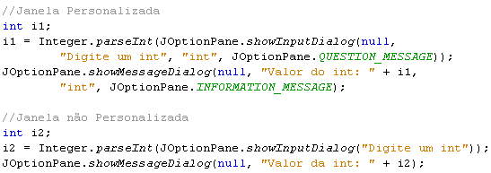 Implementação Usando a Classe JOptionPane Lendo variáveis do
