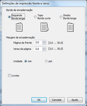 Você verá esta janela: 3. Selecione as opções de impressão em frente e verso que deseja utilizar. 4. Clique em OK para retornar à guia Principal. 5.